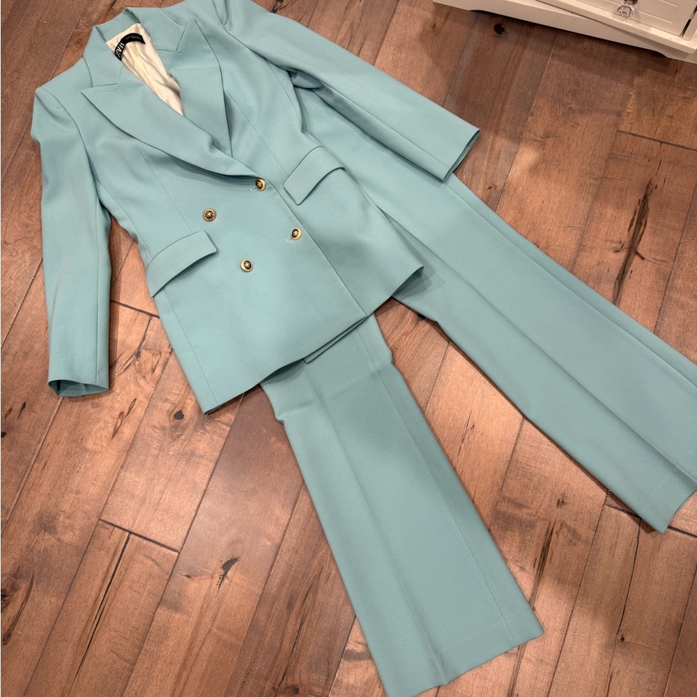 Tailored Double-Breasted Women's Pantsuit in Aqua.